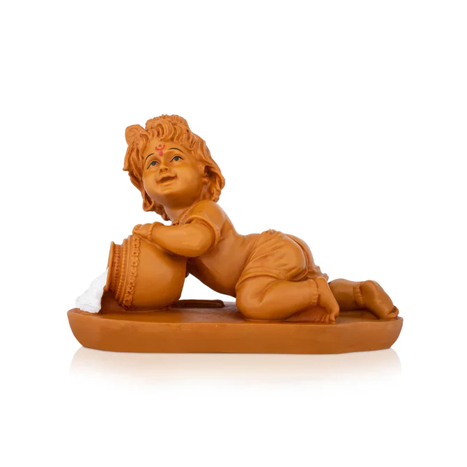 Butter Krishna Idol - 7 x 9 Inches Wooden Statue
